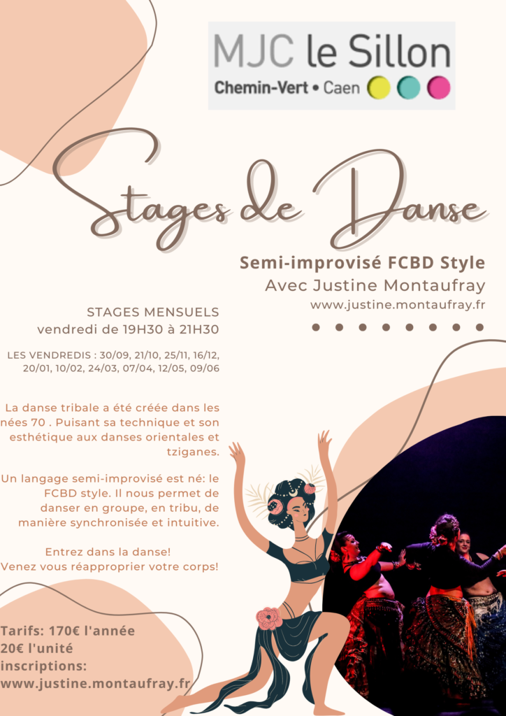 Stages mensuels de danse tribale, FCBD style, proposés par Justine Montaufray à la MJC du Chemin Vert le Sillon.