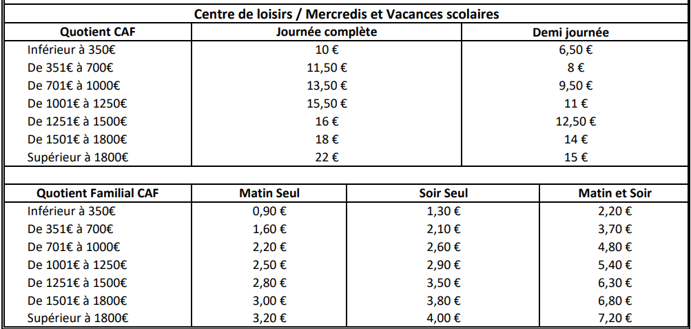 Tarifs centre de loisirs